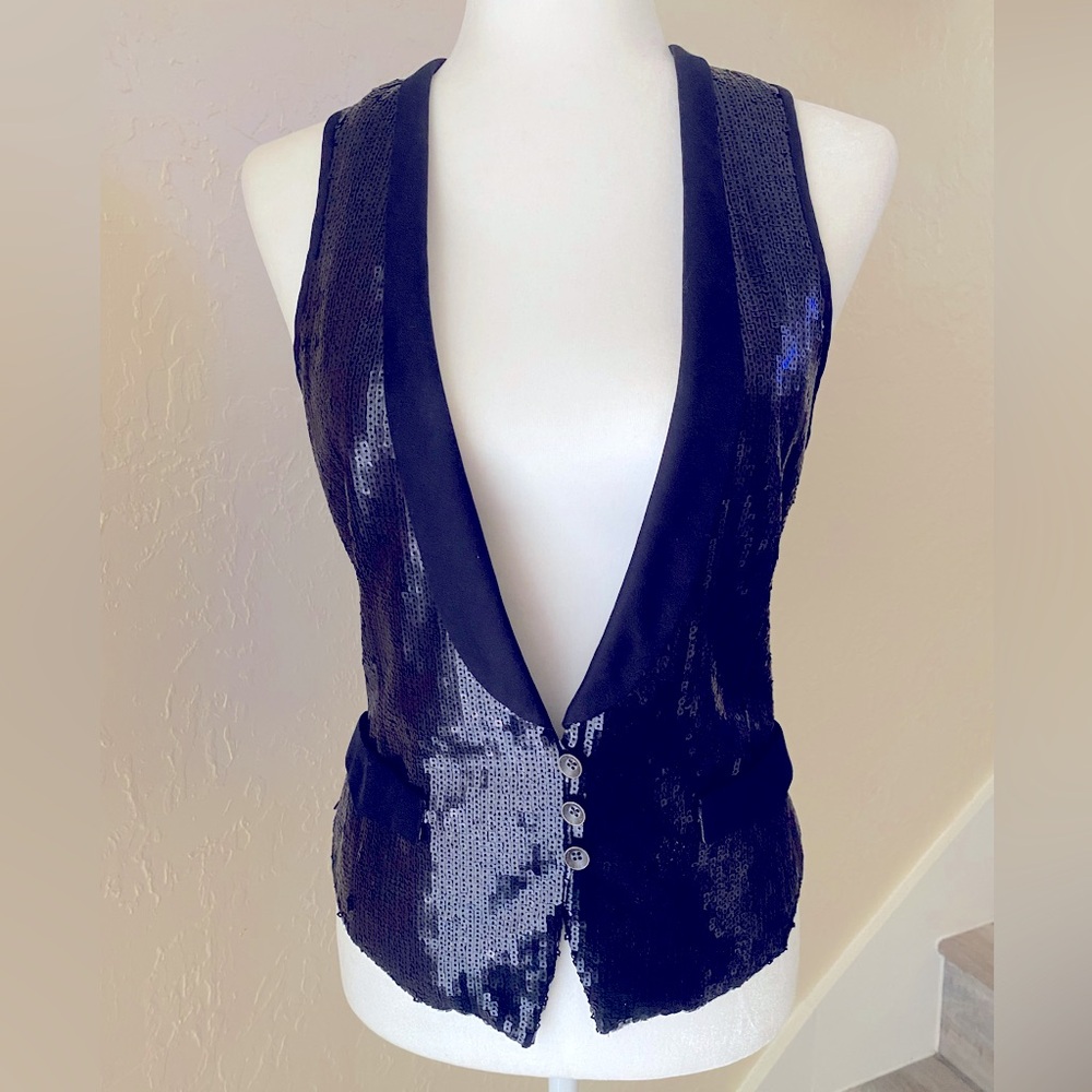 Rag & Bone Sequin Vest Size 2 Black Cropped Moto … - image 1